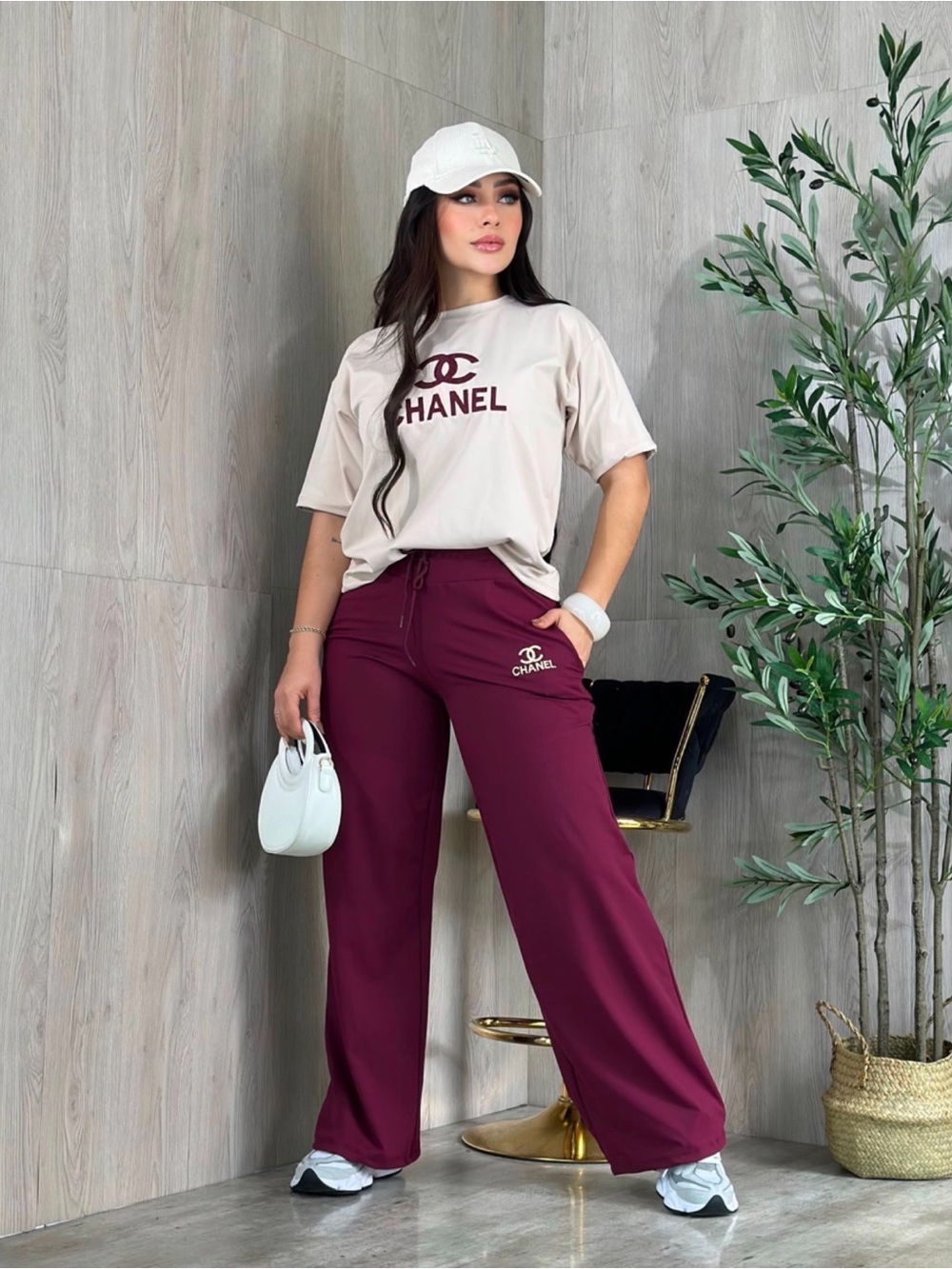 Beige Logo Tee with Burgundy Wide-Leg Pants size S